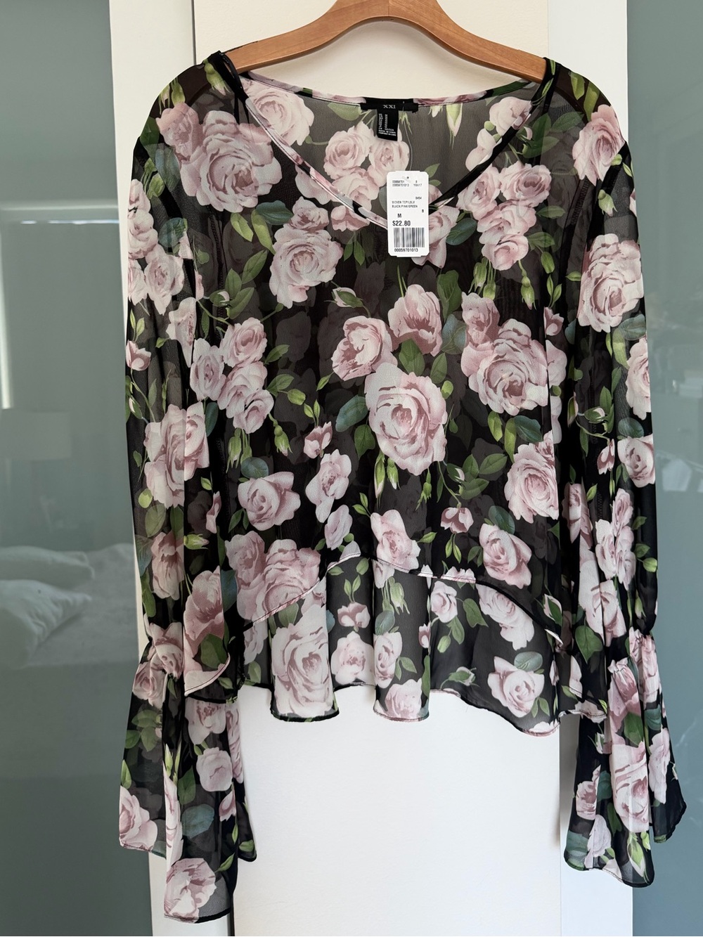 F21 contemporary Floral Sheer Blouse - Pink Rose on Black